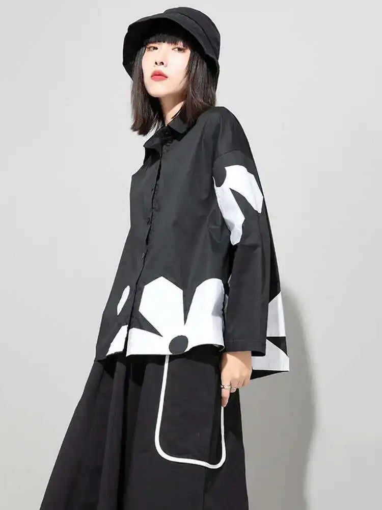 Women Black Flower Pattern Big Size Blouse New Lapel Long Sleeve Loose Fit Shirt Fashion Tide Spring Autumn 2025 1DE6302