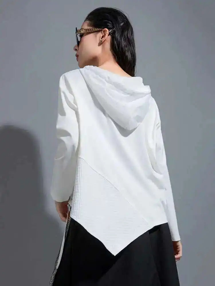 Women White Irregular Ribbon Big Size Casual T-shirt New Hooded Long Sleeve Fashion Tide Spring Autumn 2025 1DH0999