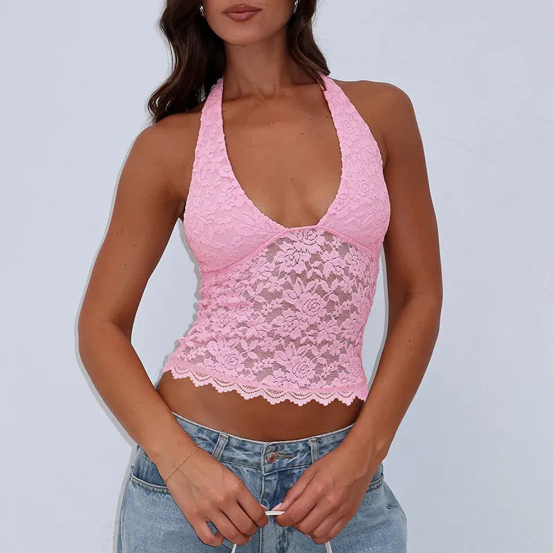 Halter Sleeveless Sexy Crop Tops Women Fashion Deep V Neck Backless Tank Tops Female Elegant Club Skinny Lace Top
