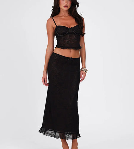 Lace Sexy Two Piece Sets Women Spaghetti Strap Sleeveless Crop Tops And Long Skirt Matching Sets Elegant Club Sets