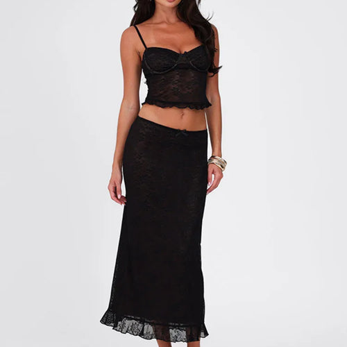 Load image into Gallery viewer, Lace Sexy Two Piece Sets Women Spaghetti Strap Sleeveless Crop Tops And Long Skirt Matching Sets Elegant Club Sets
