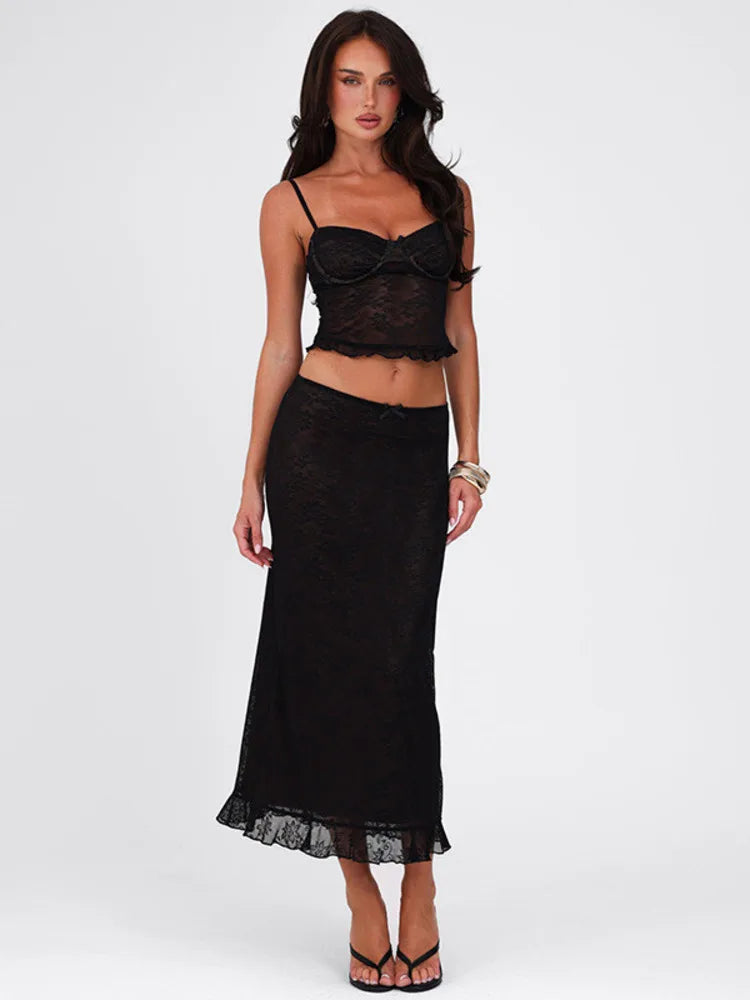 Lace Sexy Two Piece Sets Women Spaghetti Strap Sleeveless Crop Tops And Long Skirt Matching Sets Elegant Club Sets