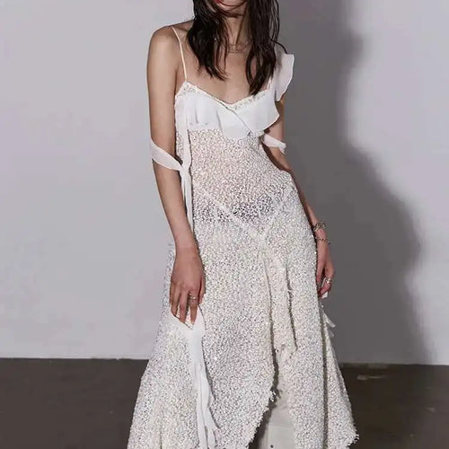 Load image into Gallery viewer, Women Beige Burr Perspective Sequins Irregular Long Spaghetti Strap Dress New Fashion Tide Spring Autumn 2025 1DH4725
