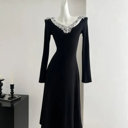Load image into Gallery viewer, Autumn Black Patchwork Lace V Neck Elegant Slim Knitted Dresses Women Long Sleeves Festival Party Evening Dress Fashion Popular
