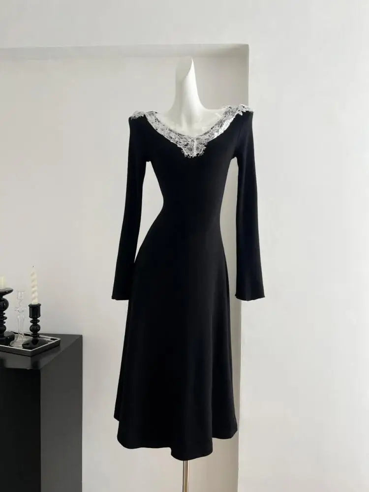 Autumn Black Patchwork Lace V Neck Elegant Slim Knitted Dresses Women Long Sleeves Festival Party Evening Dress Fashion Popular