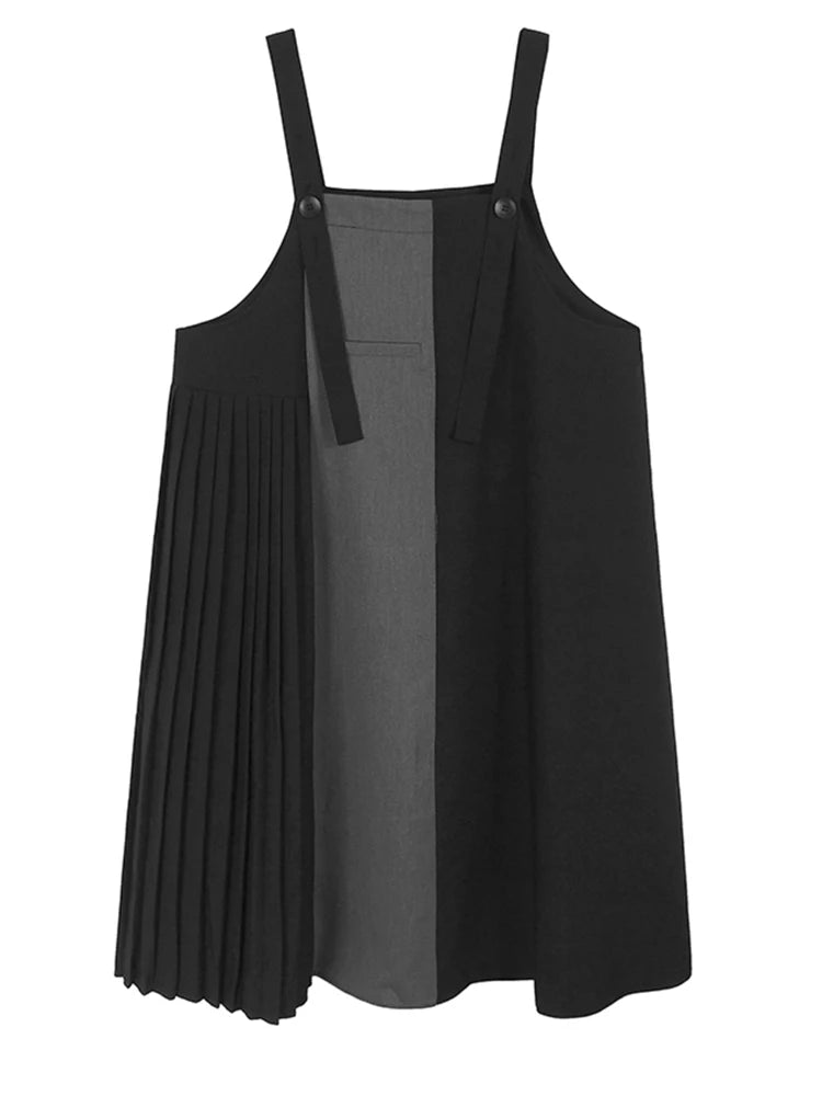 Women Black Color-block Pleated Big Size  Strap Dress New Square Collar Sleeveless Fashion Tide Spring Autumn 2025 1DH6342