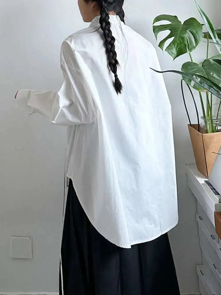 Women White Irregular String Slit Big Size Blouse New Lapel Long Sleeve Shirt Fashion Tide Spring Autumn 2025 1DJ0302