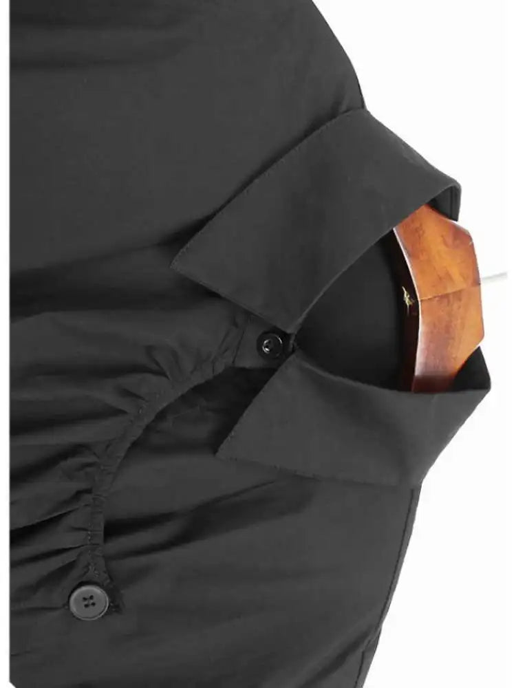 Women Black Irregular Pleated Big Size Casual Blouse New Lapel Short Sleeve Shirt Fashion Tide Spring Summer 2025 1DJ0132