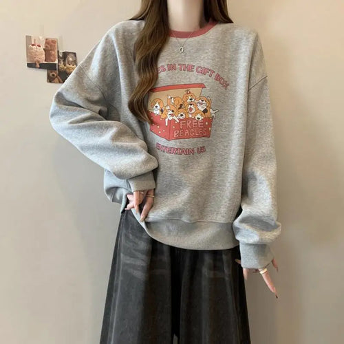 Load image into Gallery viewer, Korean Version Autumn Winter New Grey Patchwork Round Neck Long Sleeved Cotton Tops Women Casual Plush Velvet Sweatershirt Trend
