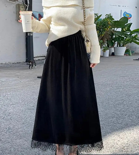 French Fashion Women Black Velvet Lace Elegant Vacation Pleated Long Skirt 2024 Autumn Winter New Elastic High Waist Party Skirt