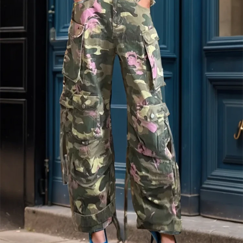 Load image into Gallery viewer, Colorblock Loose Camouflage Pant For Women High Wiast Patchwork Pockets Streetwear Casual Cargo Pants Female New
