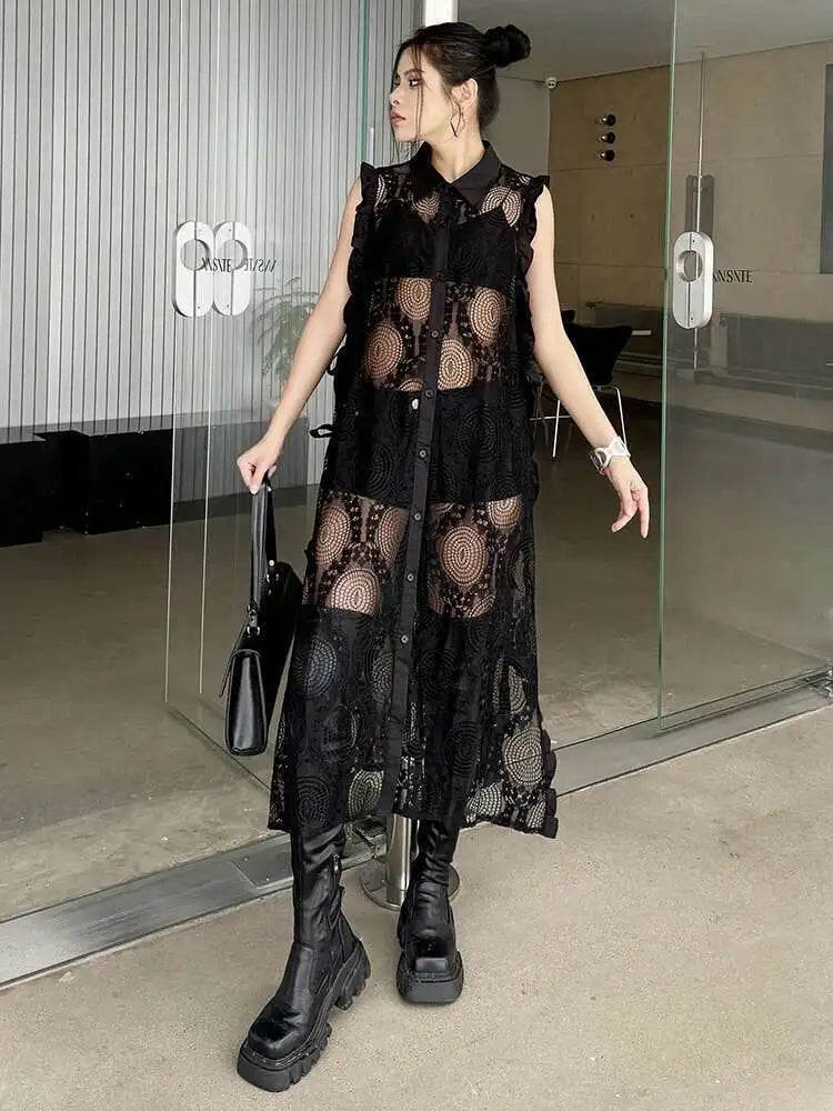 Women White Lace Perspective Ruffles Big Size Shirt Dress New Lapel Sleeveless Fashion Tide Spring Summer 2025 1DH6069