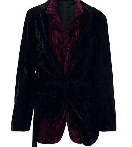 Women Black Color-block Velvet Big Size Elegant Blazer New Lapel Long Sleeve Jacket Fashion Spring Autumn 2025 CPG2126