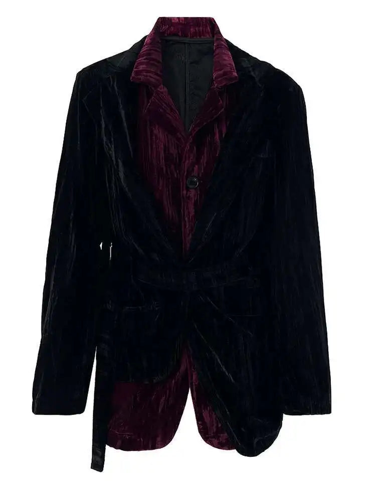 Women Black Color-block Velvet Big Size Elegant Blazer New Lapel Long Sleeve Jacket Fashion Spring Autumn 2025 CPG2126