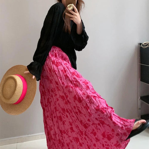 Load image into Gallery viewer, Spring Summer French Fashion Retro Rose Red Floral Elegant Slim Long Skirt Women Black High Waisted Vacation Half Skirt Bohemian
