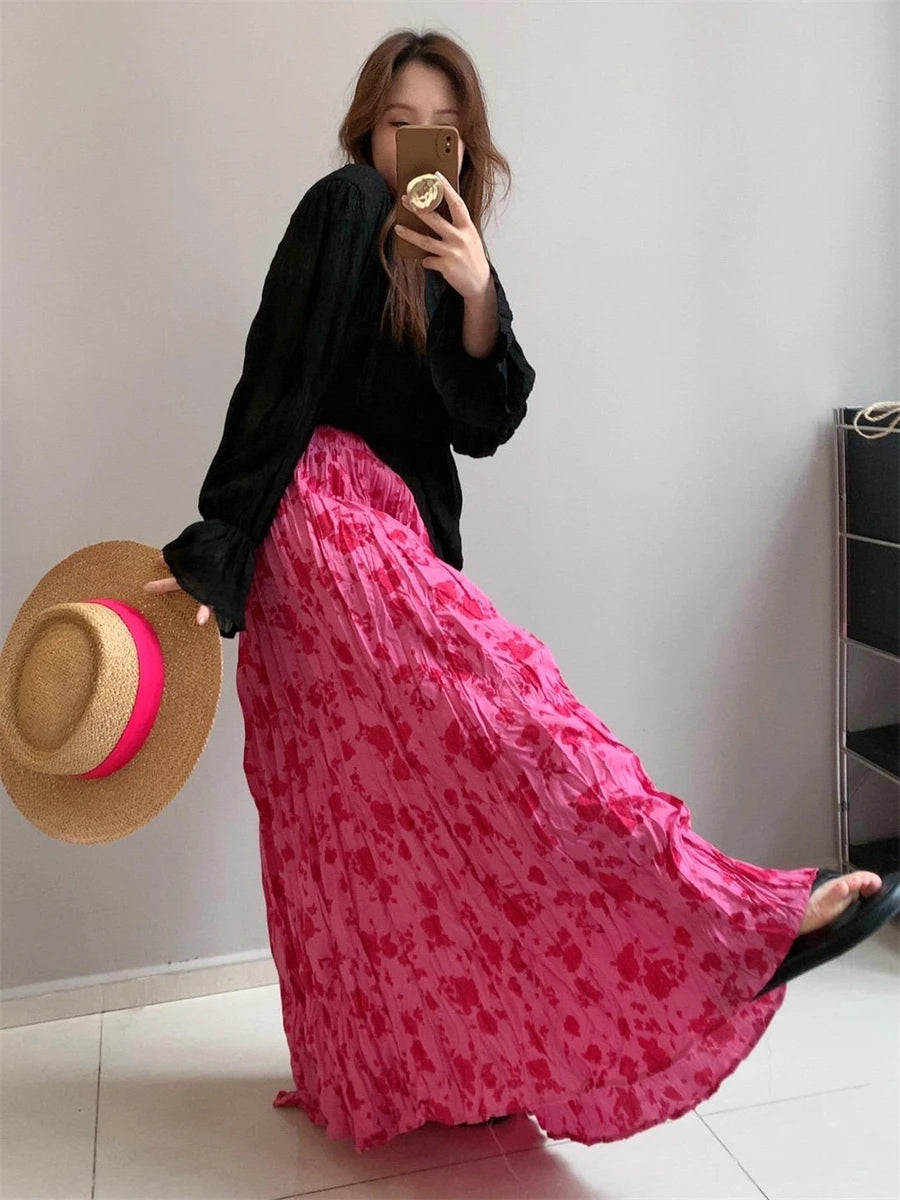 Spring Summer French Fashion Retro Rose Red Floral Elegant Slim Long Skirt Women Black High Waisted Vacation Half Skirt Bohemian