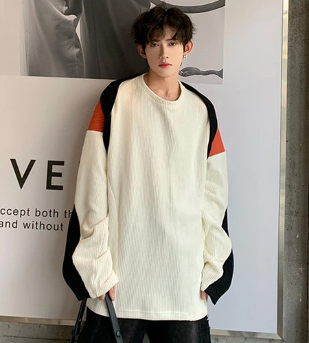 Round Collar Male Sweaters Pullover Casual Patchwork Design Contrast Color Men's Knitting Tops Niche Design Trendy 9C4112