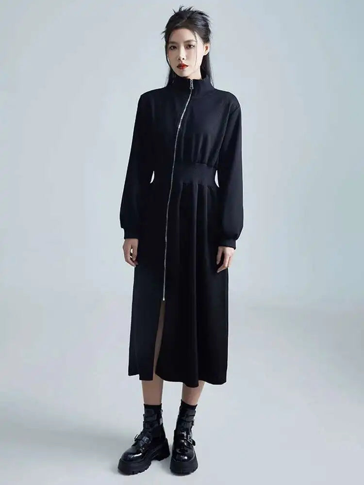 Women Black Zipper Slit Big Size Midi Dress New Half High Collar Long Sleeve Loose Fit Fashion Spring Autumn 2025 1DH2442