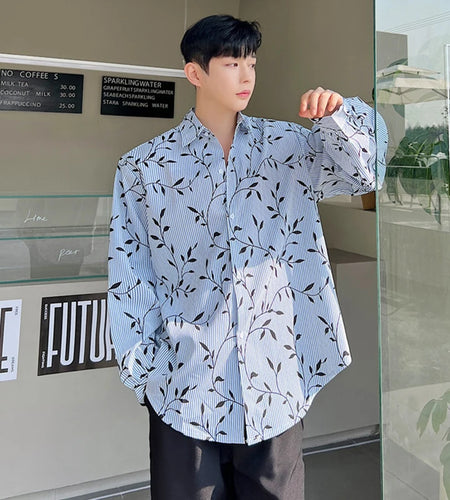 Striped Men's Shirts Long Sleeves Korean New Fashion Leaf Printed Male Single Breasted Male Clothing Lapel Shirt 9W1404