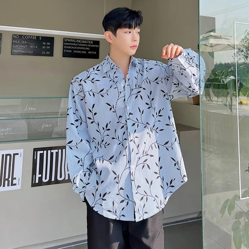 Striped Men's Shirts Long Sleeves Korean New Fashion Leaf Printed Male Single Breasted Male Clothing Lapel Shirt 9W1404