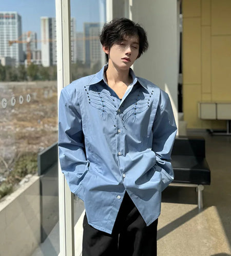 Men's Shirts Long Sleeve New Spring Embroidered Nail Bead Design Turn-down Collar Single Breasted Male Clothing 9W1750