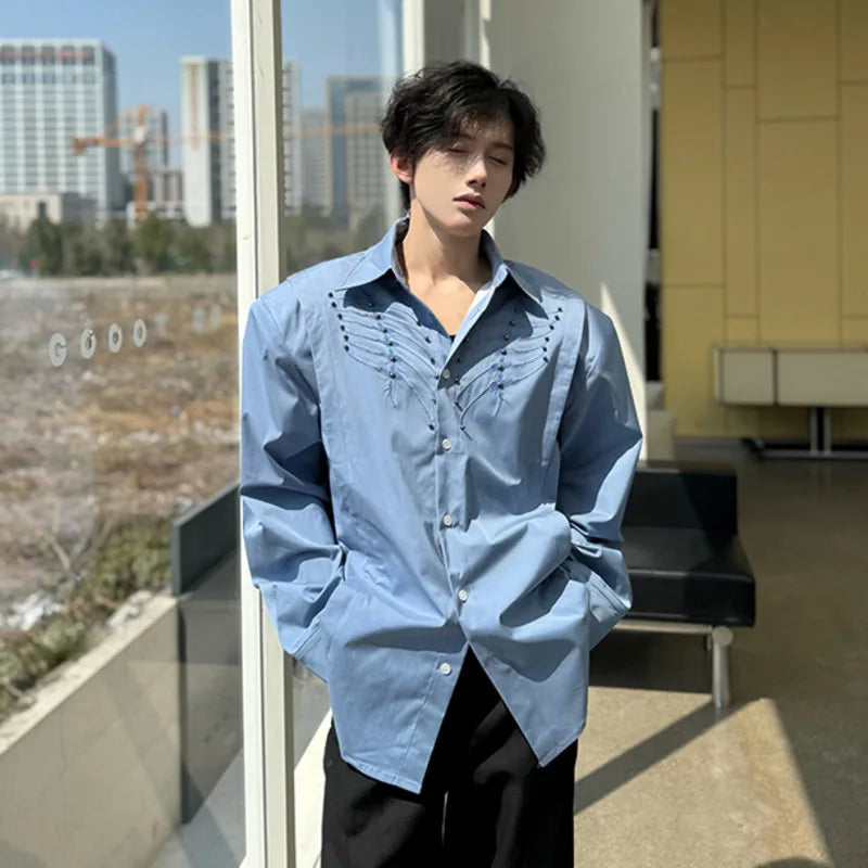 Men's Shirts Long Sleeve New Spring Embroidered Nail Bead Design Turn-down Collar Single Breasted Male Clothing 9W1750