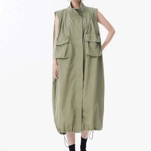 Load image into Gallery viewer, Women Green Pocket Hem Drawstring Big Size Vest Dress New Stand Collar Sleeveless Fashion Tide Spring Autumn 2025 1DJ0147
