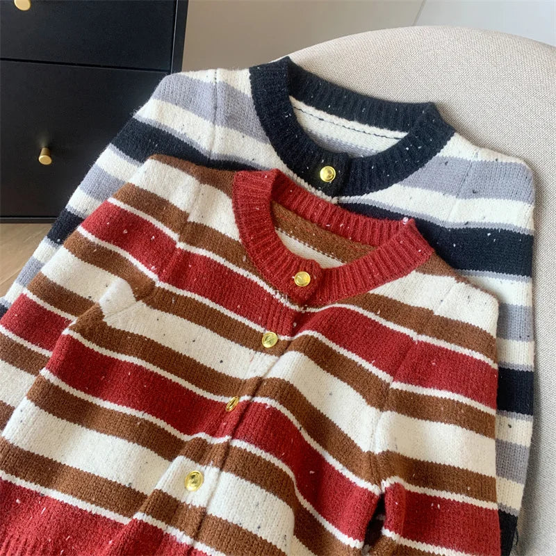 Autumn Winter Red Bright Silk Patchwork Cardigan Sweaters Women Black Striped Long Sleeve Loose Round Neck Knited Tops Outerwear
