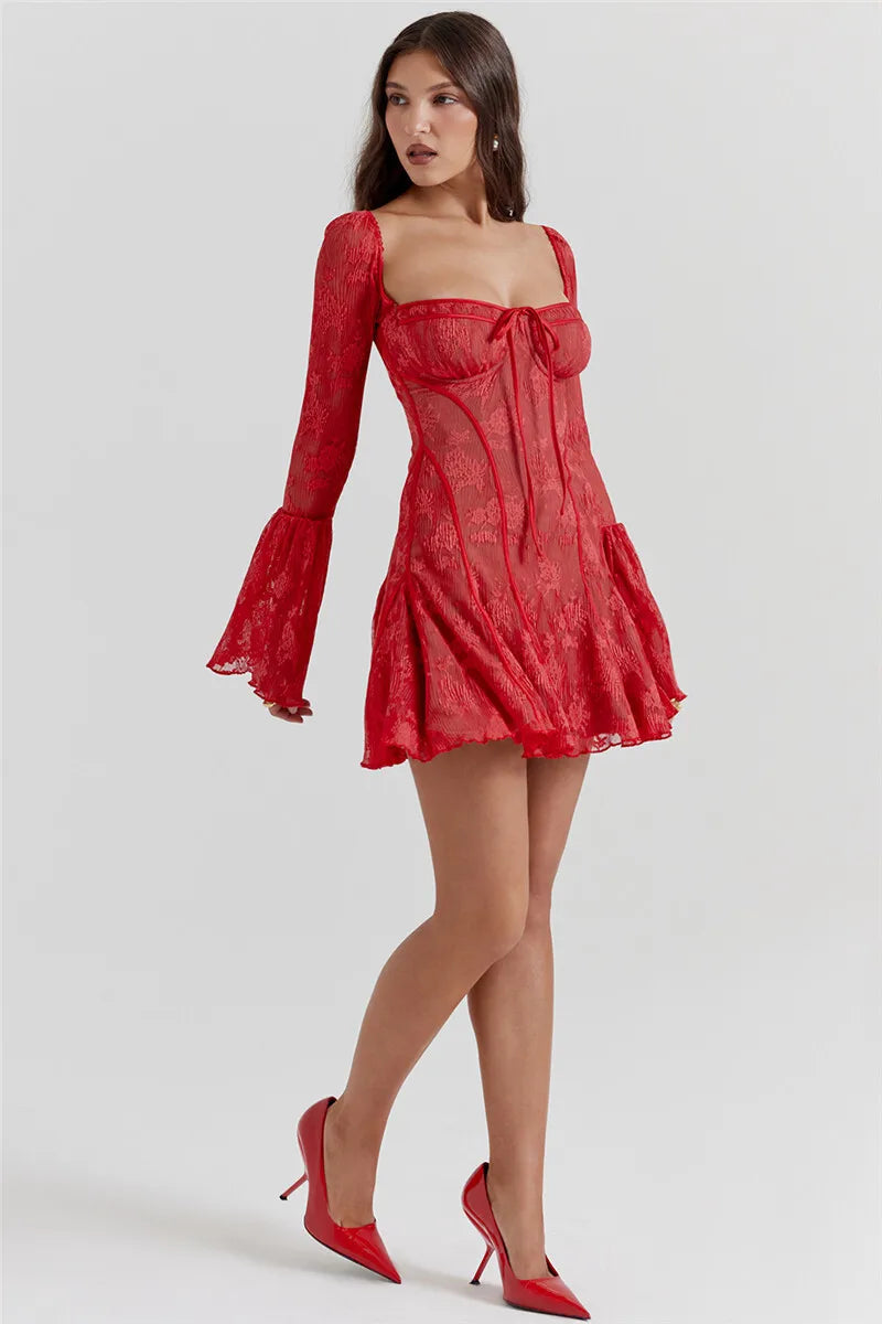 Lace Print Long Flare Sleeve Sexy Maxi Dress For Women Fashion Square Collar Backless Bodycon Club Party Sexy Dress