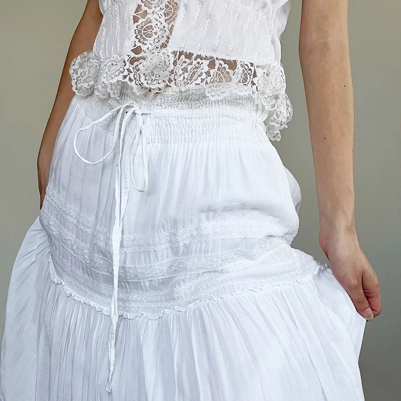 Chic Boho Vacation White Maxi Skirt Loose Low Waist Fashion Lace Trim Folds Female Skirt Long Tie Up Fairycore Bottom