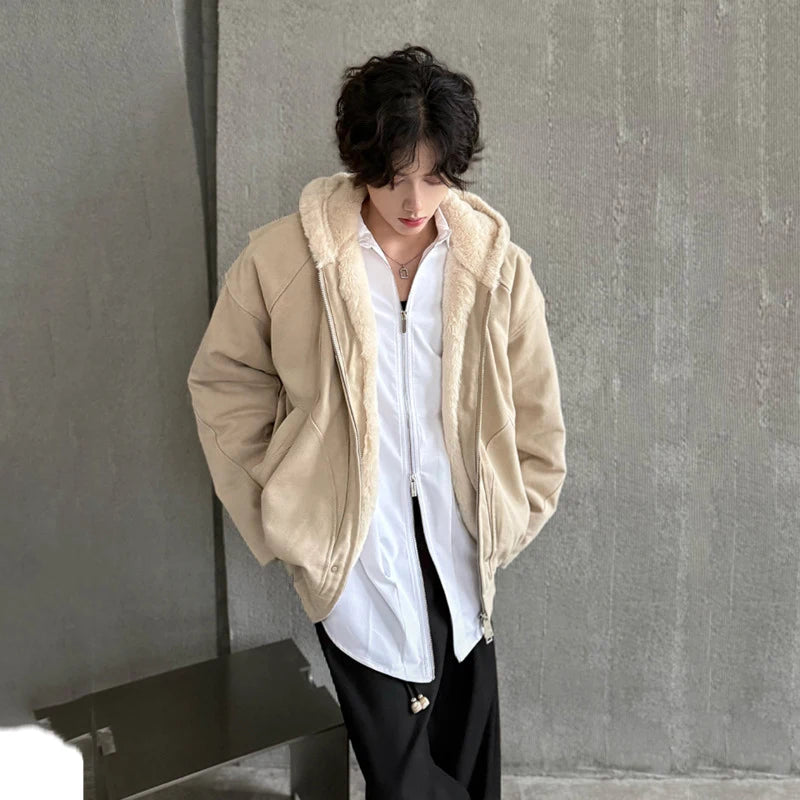 Fashion Men's Padded Jacket Hooded Solid Color Plush Thickened Male Cotton Jacket 2024 Winter Zipper Male Top 9C8758