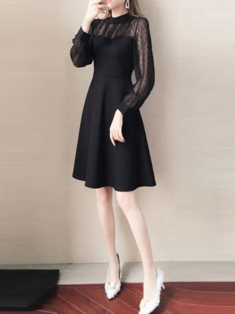 Black Lace Dress Women Vintage Elegant Dot Long Sleeve Mini Short Dresses Evening Party Spring Fashion O-neck