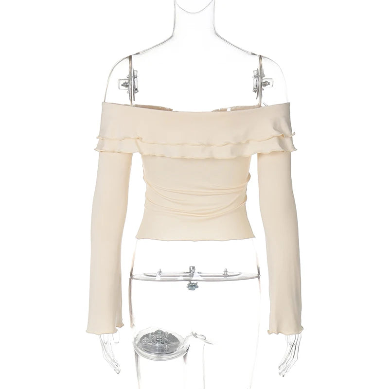 Slim Sexy Skirt Two Piece Sets Women Strapless Long Sleeve Crop Top And Hot Mini Skirt Female Party Two Piece Sets