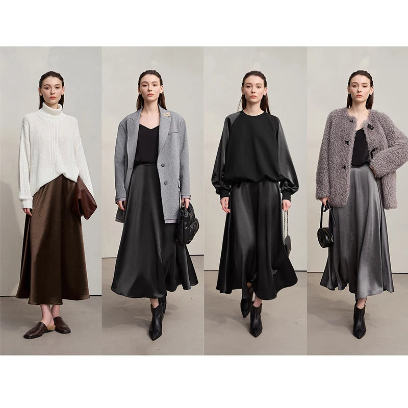 Women's Skirt Loose Long A-skirt Satin Skirts For Women 2025 Autumn New Minimalist Solid Color Clothing Ladies 12513015