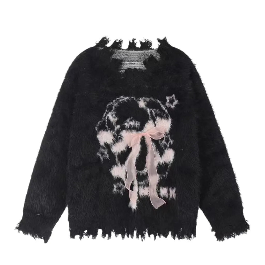 Y2k Aesthetic Women Sweet Cartoon Jacquard Sweaters New Grunge Vintage Bow Hole Jumpers Loose Knitted Harajuku Pullovers Female