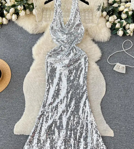 Summer 2023 Retro Elegant Silver Sequins Backless Birthday Party Long Sundress Women Sexy Club Sleeveless Wrap Hip Evening Dress