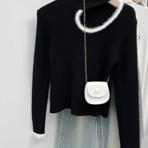 Load image into Gallery viewer, Women Sexy Hollow Out Crop Sweater Grunge Patchwork Streetwear Vintage Knitted Jumpers Y2k Aesthetic Half High Collar Pullovers
