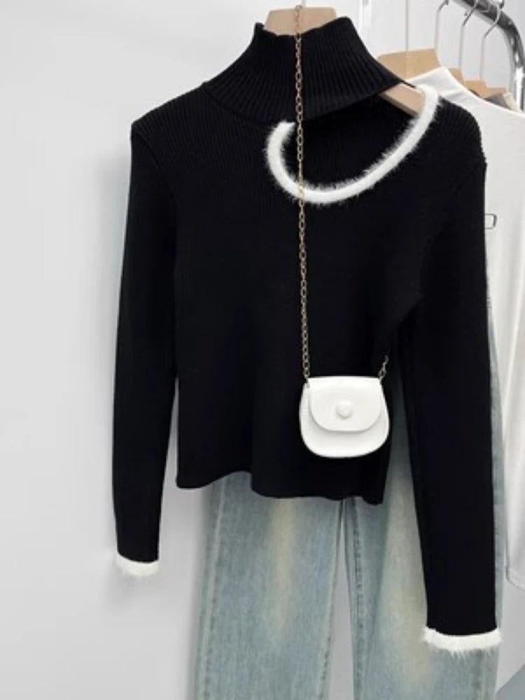 Women Sexy Hollow Out Crop Sweater Grunge Patchwork Streetwear Vintage Knitted Jumpers Y2k Aesthetic Half High Collar Pullovers