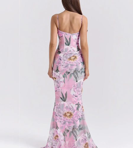 Pink Floral Sexy Maxi Dress Women Gown Spaghetti Strap Sleeveless Backless Elegant Evening Club Party Long Dress