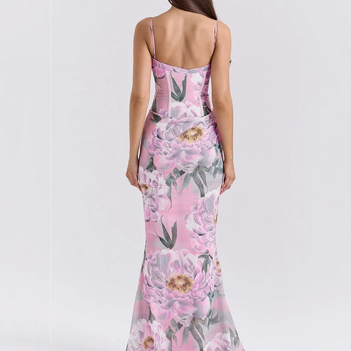 Load image into Gallery viewer, Pink Floral Sexy Maxi Dress Women Gown Spaghetti Strap Sleeveless Backless Elegant Evening Club Party Long Dress
