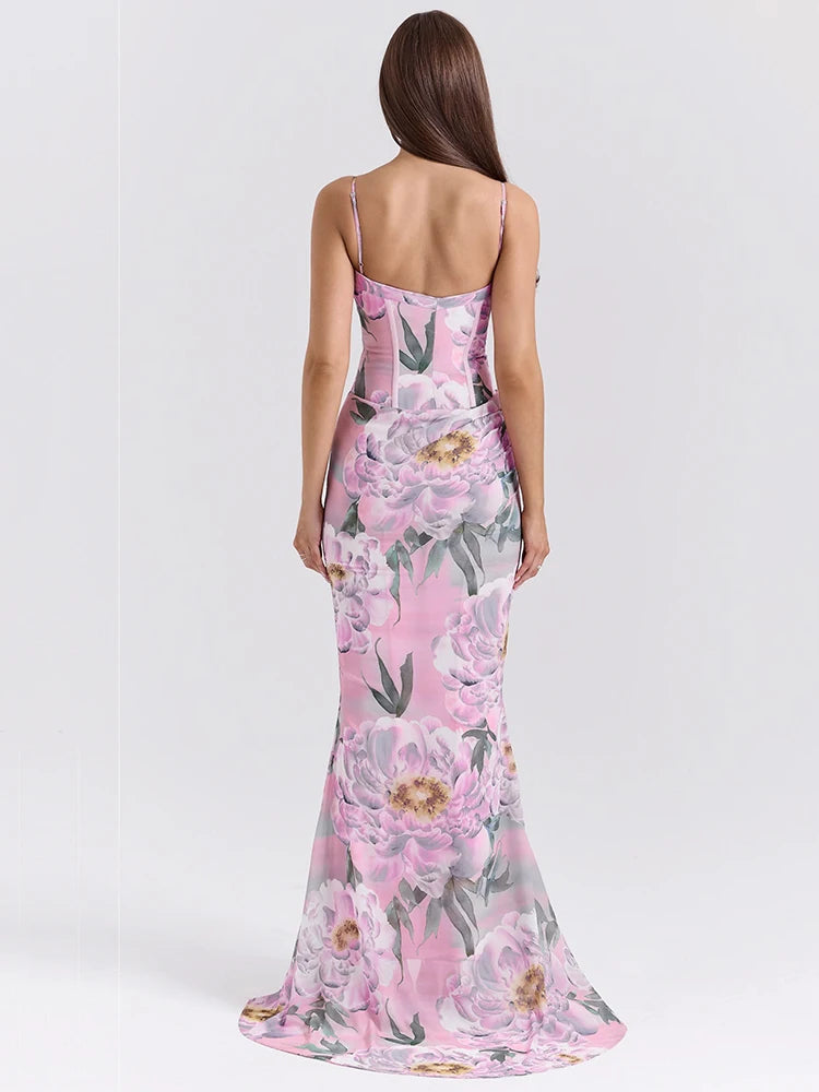 Pink Floral Sexy Maxi Dress Women Gown Spaghetti Strap Sleeveless Backless Elegant Evening Club Party Long Dress
