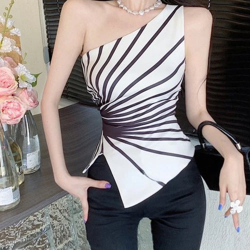 Load image into Gallery viewer, Y2k Sleeveless Irregular Tank Top Women Sexy Skinny Striped Design Corset Stretch Tube Streetwear 2025 Summer One Shoulder Tanks
