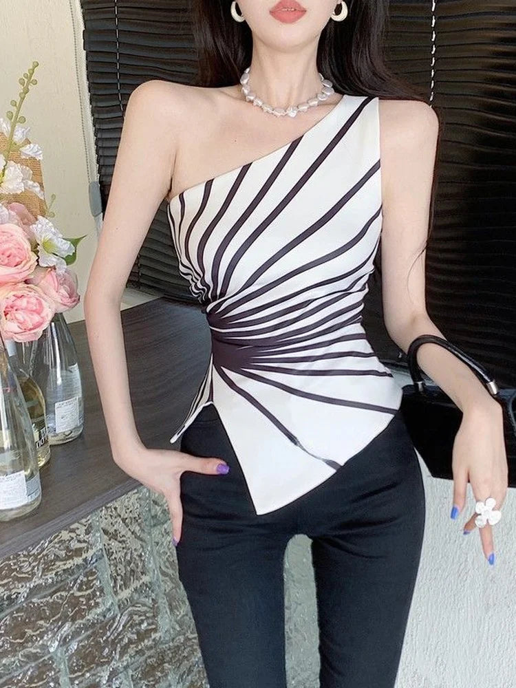 Y2k Sleeveless Irregular Tank Top Women Sexy Skinny Striped Design Corset Stretch Tube Streetwear 2025 Summer One Shoulder Tanks