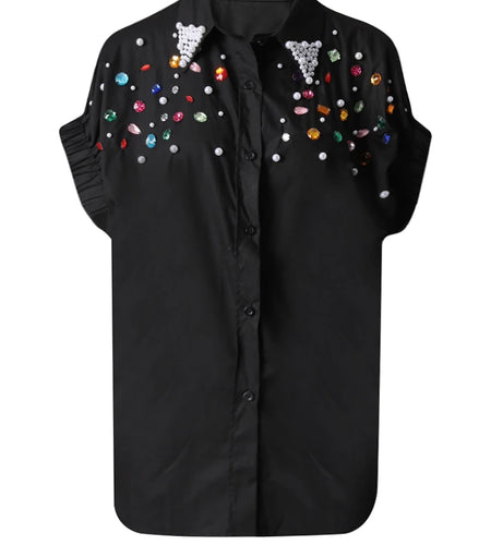 Women Black Colorful Rhinestones Big Size Blouse New Lapel Short Sleeve Shirt Fashion Tide Spring Summer 2025 CPG3228