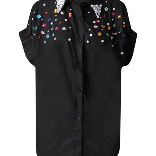 Load image into Gallery viewer, Women Black Colorful Rhinestones Big Size Blouse New Lapel Short Sleeve Shirt Fashion Tide Spring Summer 2025 CPG3228
