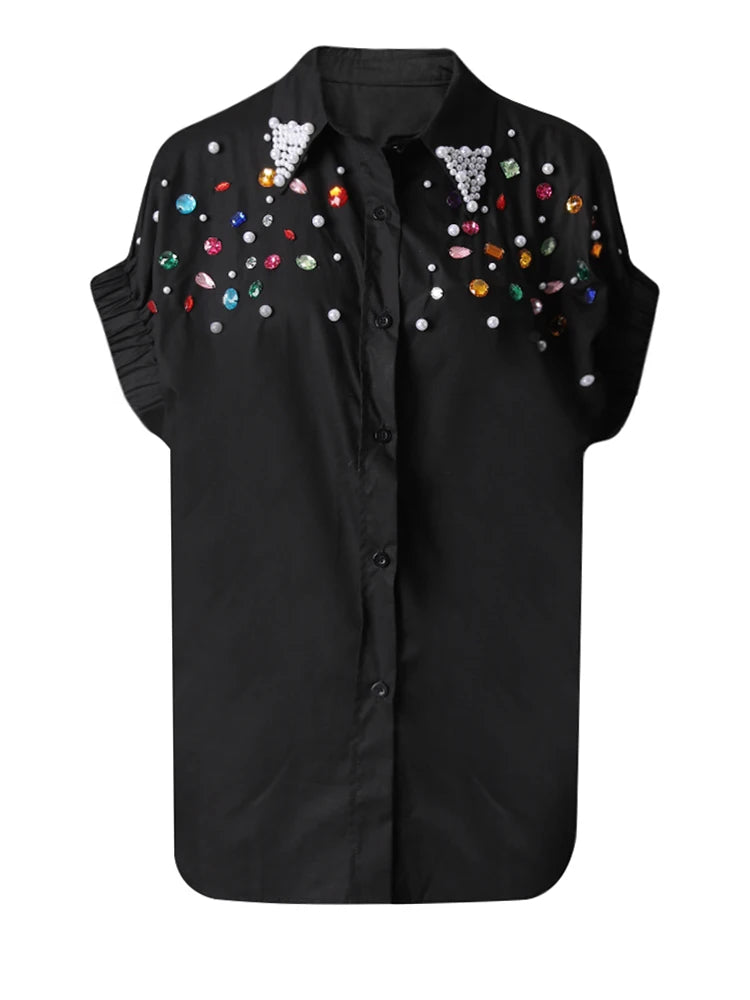 Women Black Colorful Rhinestones Big Size Blouse New Lapel Short Sleeve Shirt Fashion Tide Spring Summer 2025 CPG3228