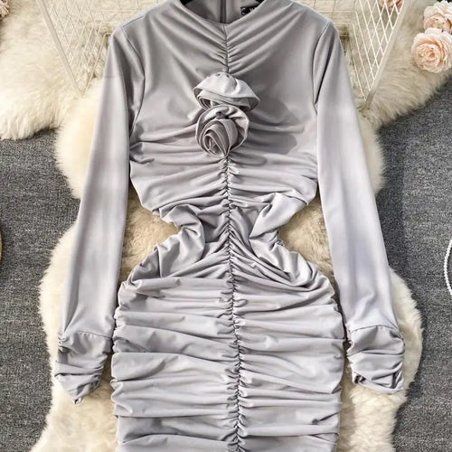 Load image into Gallery viewer, Retro Blue Bodycon Pleated Dress Women Long Sleeved Gray Dresses Women Autumn Black Sexy Club Dress Festival Night Party Dresses
