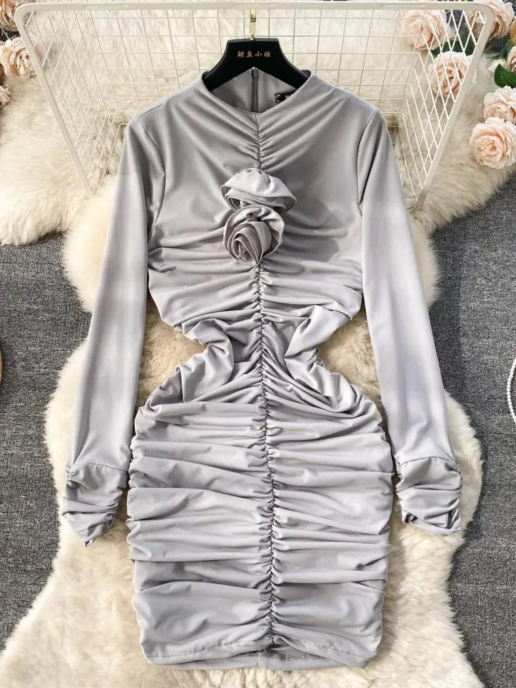 Retro Blue Bodycon Pleated Dress Women Long Sleeved Gray Dresses Women Autumn Black Sexy Club Dress Festival Night Party Dresses