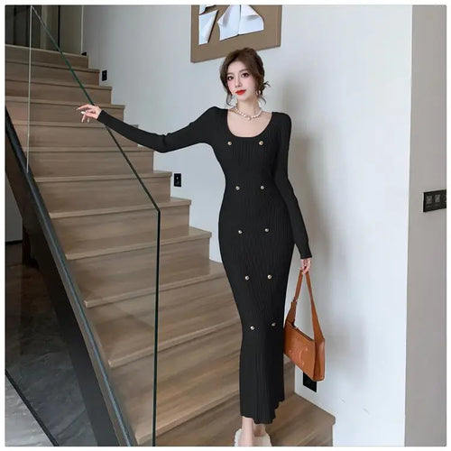 Load image into Gallery viewer, French Retro Square Neck Button Knitted Bodycon Dresses Women 2023 Autumn Winter Long Sleeve Sweater Long Dress Clothes Popular
