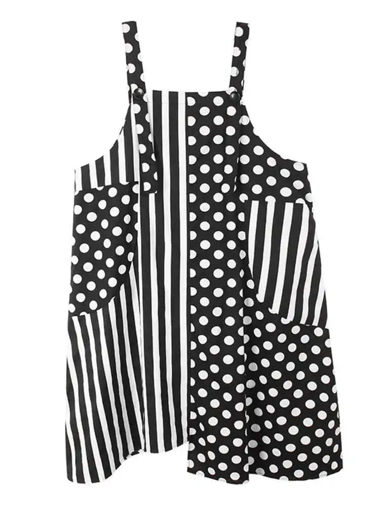 Women Black Dot Printed Big Size Pocket Strap Dress New Square Collar Sleeveless Fashion Tide Spring Autumn 2025 1DH6187